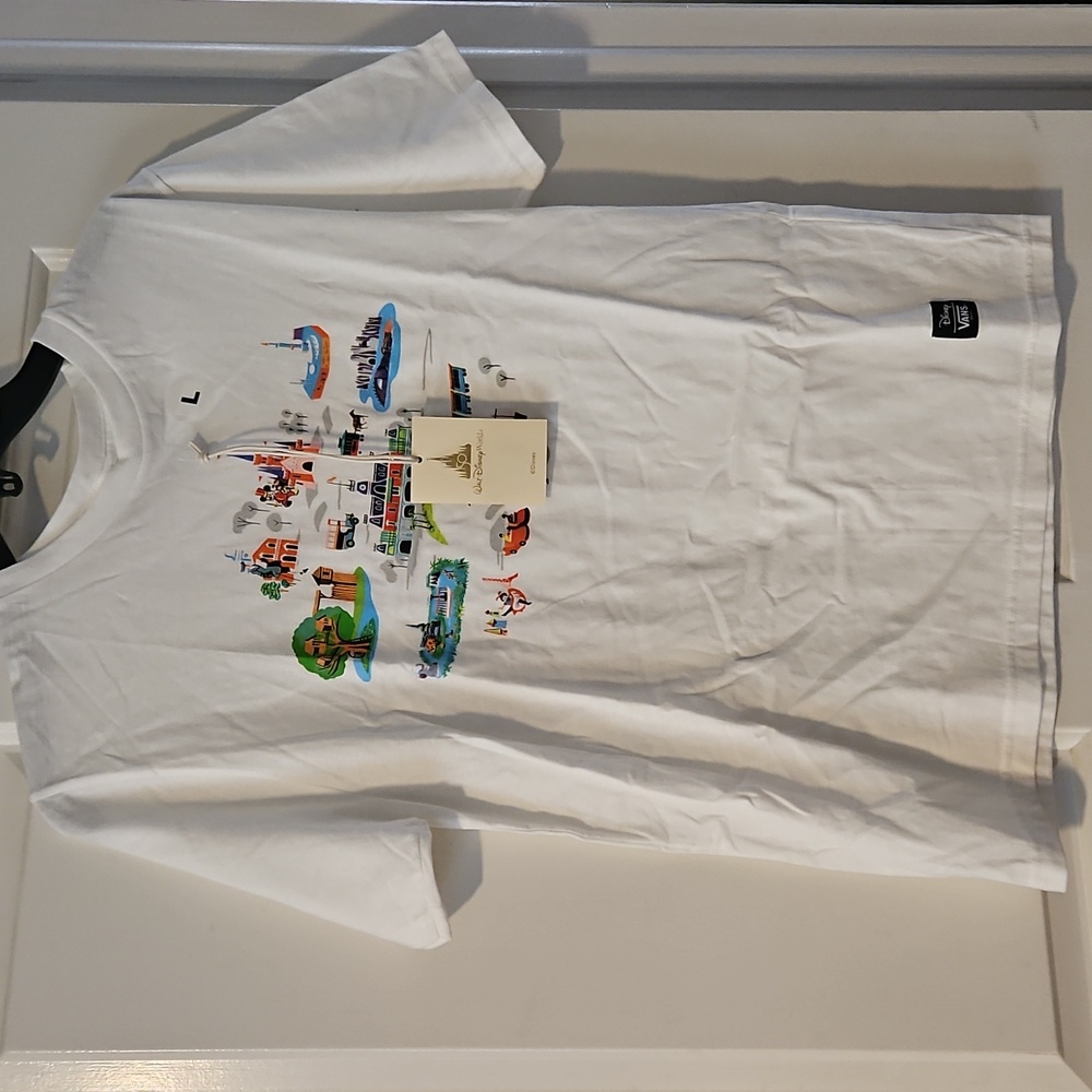 Young Men's Large Vans White T-Shirt with Colorful Graphics Disney 50th